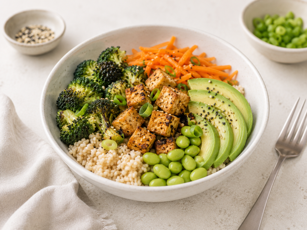 Ausgewogene Reis-Bowl mit Tofu, Brokkoli, Karotten, Edamame und Avocado als einfaches Rezept bei ADHS