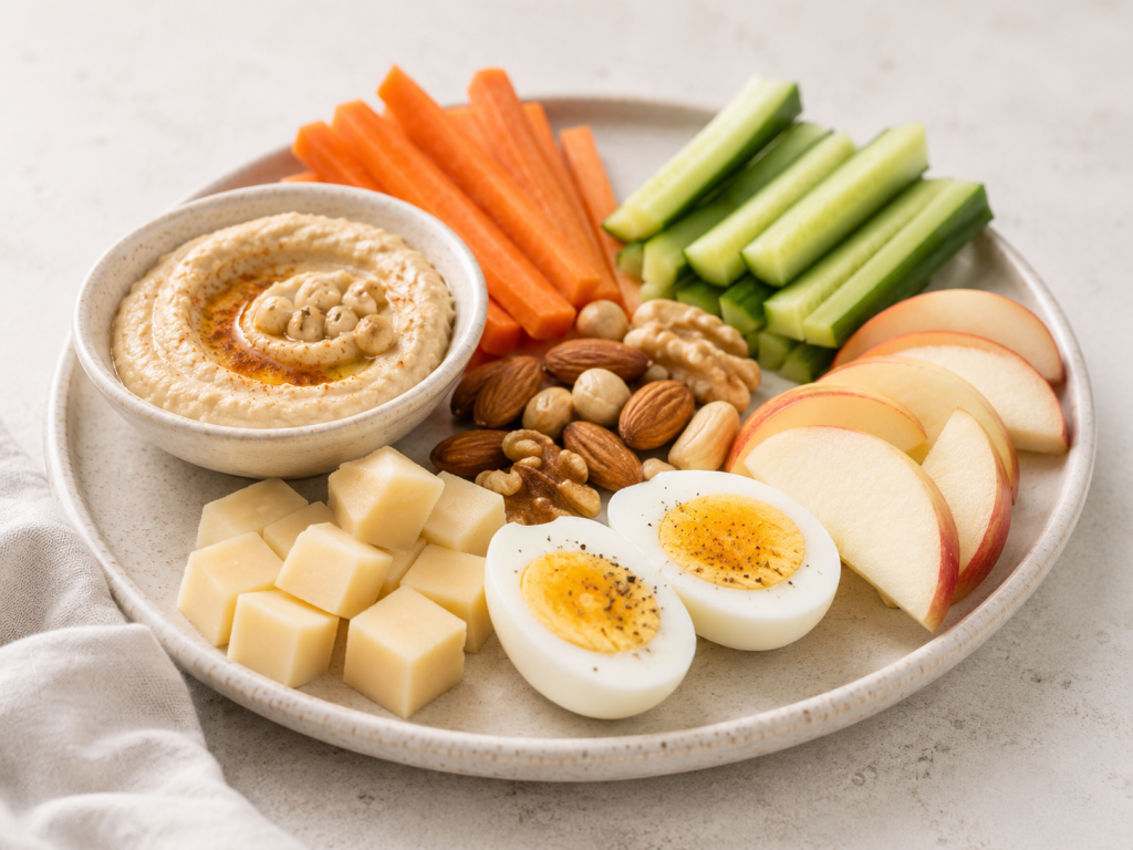 Proteinreicher Snackteller mit Hummus, Karotten, Gurke, Apfel, Nüssen, Käse und gekochtem Ei als einfache Mahlzeit bei ADHS