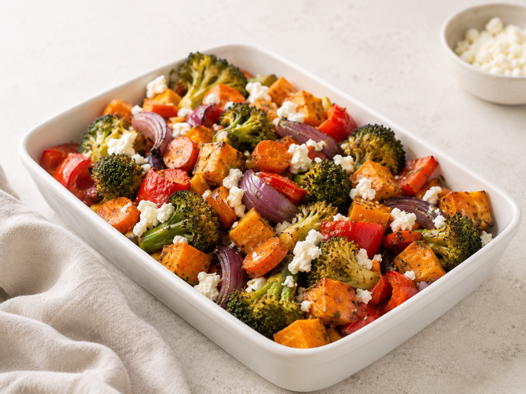 Buntes Ofengemüse mit Brokkoli, Süßkartoffeln, Paprika, roten Zwiebeln und Feta als einfaches Abendessen bei ADHS