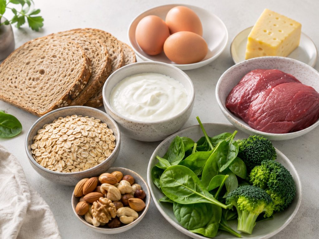 B-Vitamin-reiche Lebensmittel mit Vollkornbrot, Haferflocken, Eiern, Joghurt, Fleisch, Käse, Nüssen und grünem Gemüse.