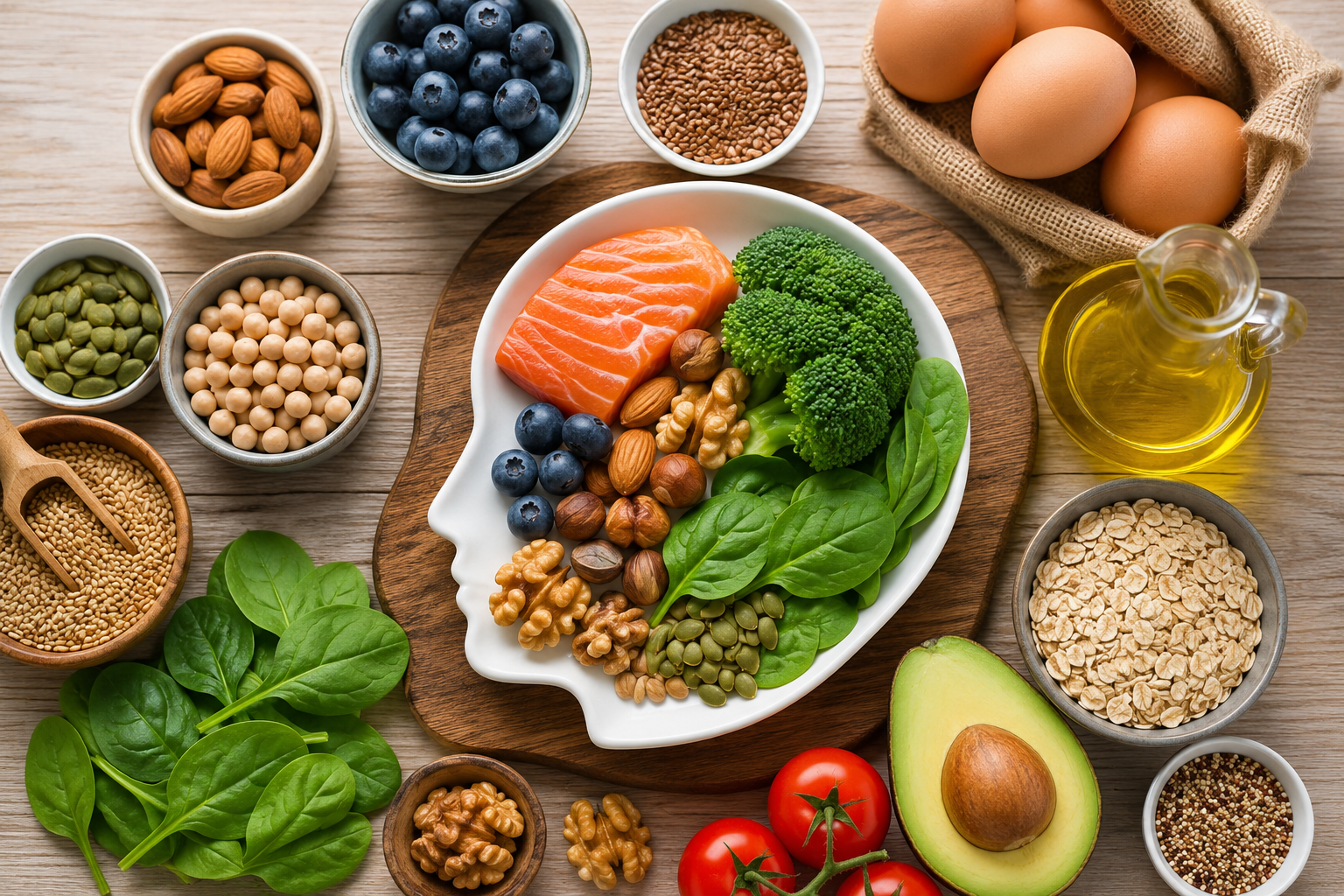 Auswahl nährstoffreicher Lebensmittel wie Lachs, Eier, Haferflocken, Nüsse, Samen, Avocado, Beeren, Spinat und Brokkoli für eine ausgewogene Ernährung bei ADHS.