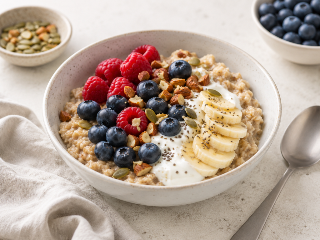Haferflocken-Bowl mit Joghurt, Beeren, Banane und Nüssen als einfaches ADHS-Rezept