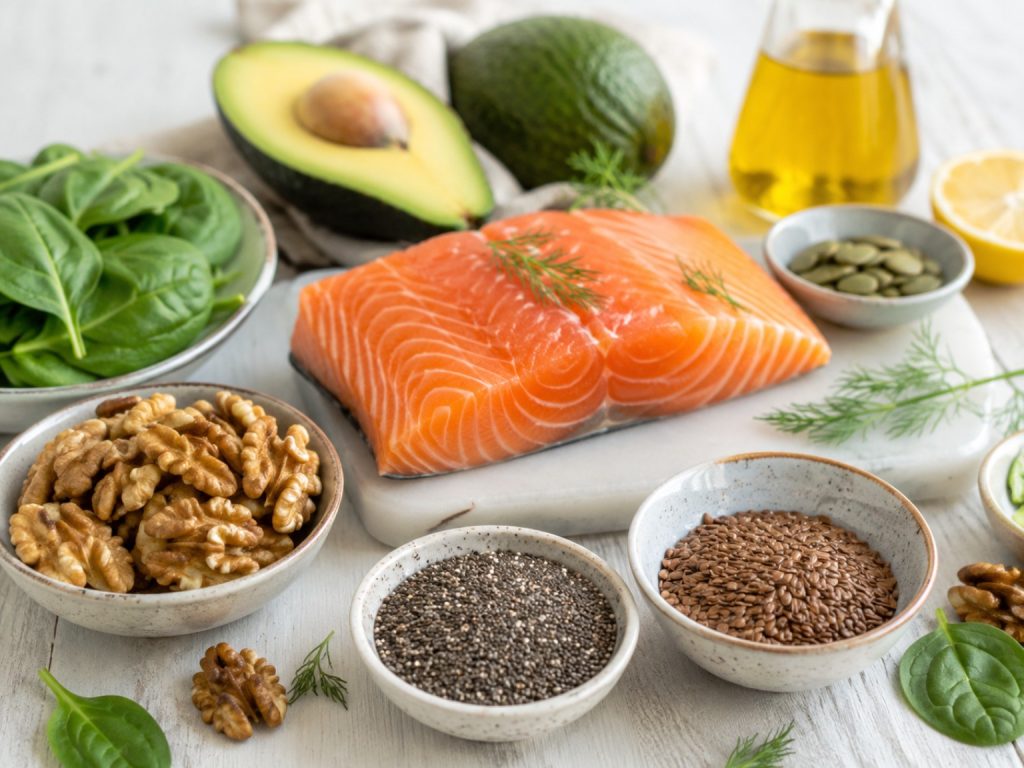 Omega-3-reiche Lebensmittel mit Lachs, Avocado, Walnüssen, Chiasamen, Leinsamen und Spinat.