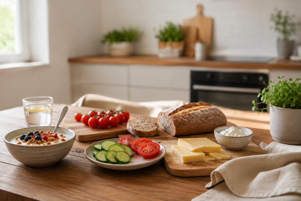 Einfacher Brotzeit-Teller mit Brot, Käse, Gurke, Tomaten und Joghurt für ADHS-Tage