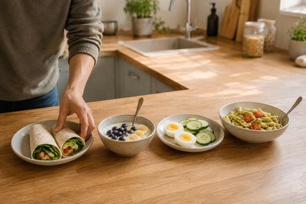 Einfache ADHS-freundliche Mahlzeiten mit Wraps, Joghurt, Ei, Gurke und Pasta