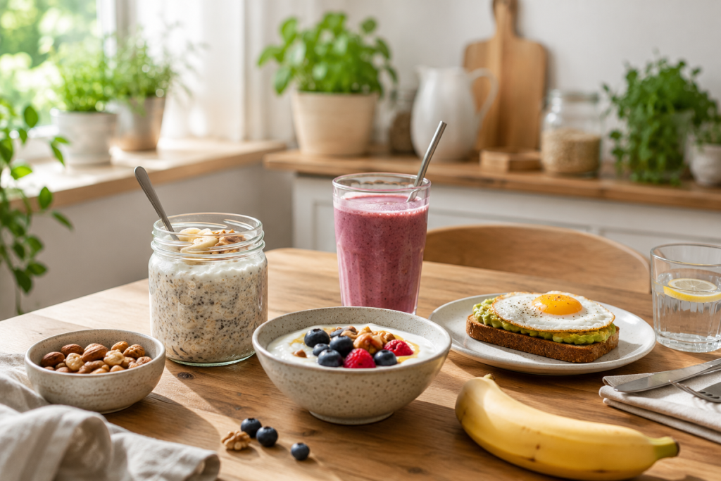Einfaches Frühstück mit Overnight Oats, Joghurt, Smoothie, Avocadobrot und Banane