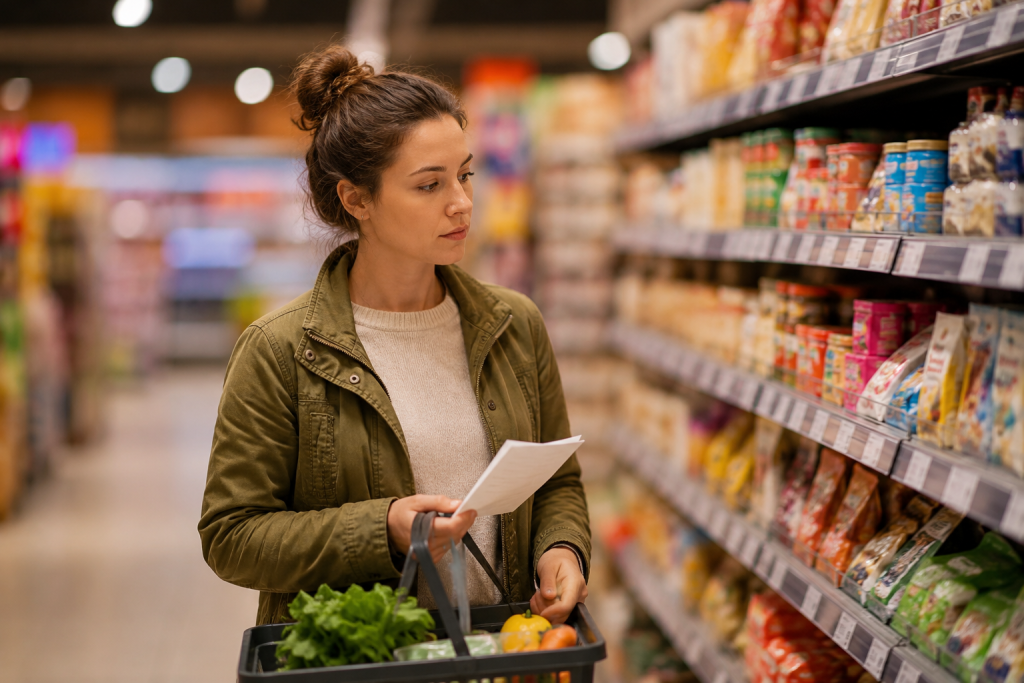 Frau mit Einkaufsliste im Supermarkt bei Reizüberflutung durch viele Lebensmittel