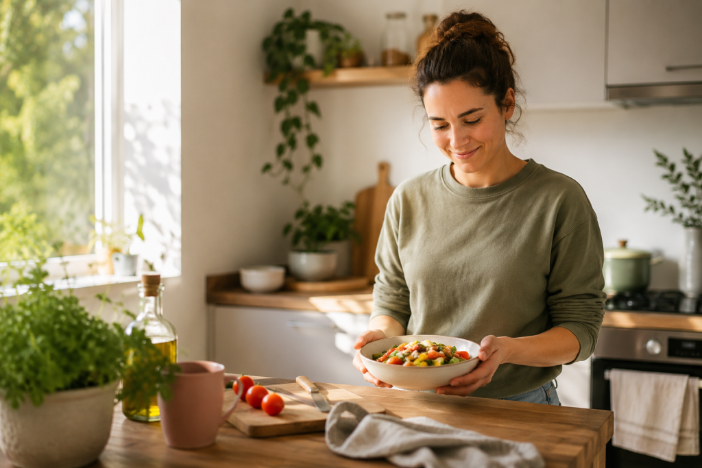 Frau hält eine einfache Mahlzeit in der Küche und wirkt erleichtert