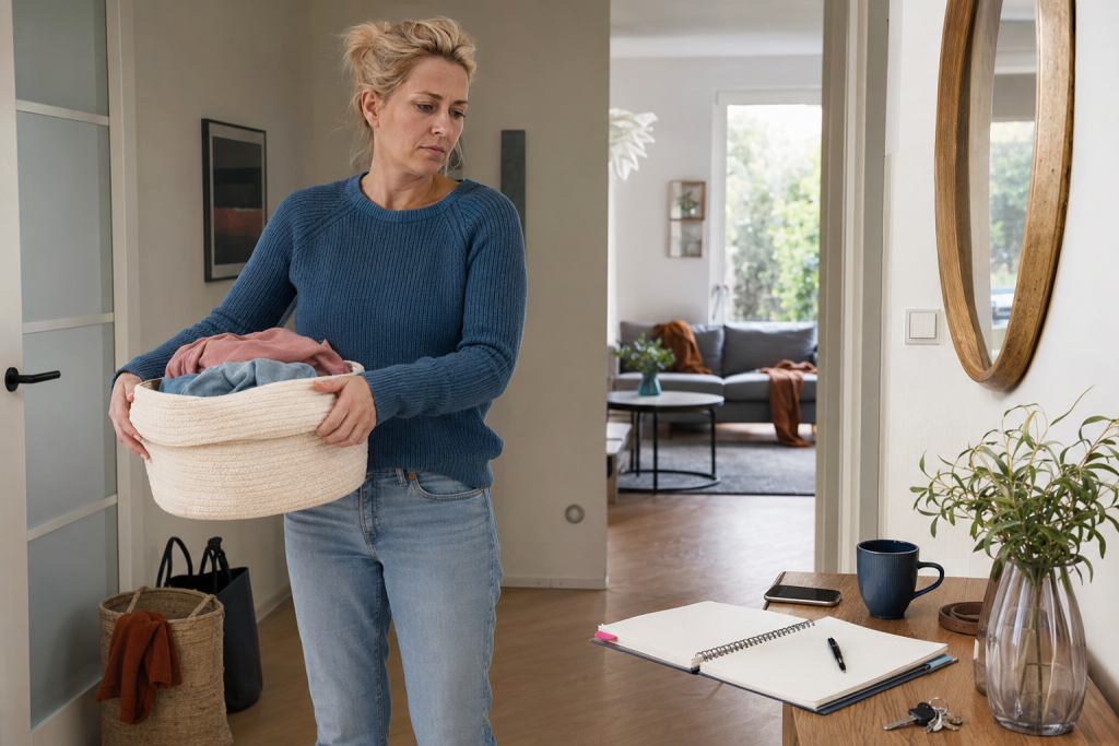 Blonde Frau trägt einen Wäschekorb durch die Wohnung und wirkt vom Haushalt erschöpft.