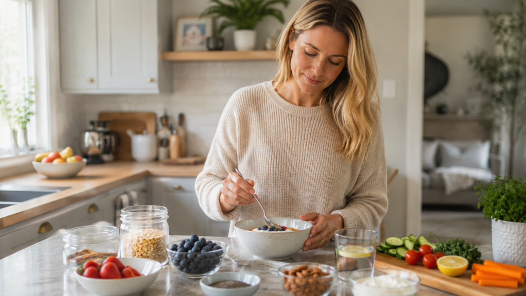 Blonde Frau bereitet in einer hellen Küche eine Haferflocken-Bowl mit Beeren, Nüssen und frischem Gemüse vor.