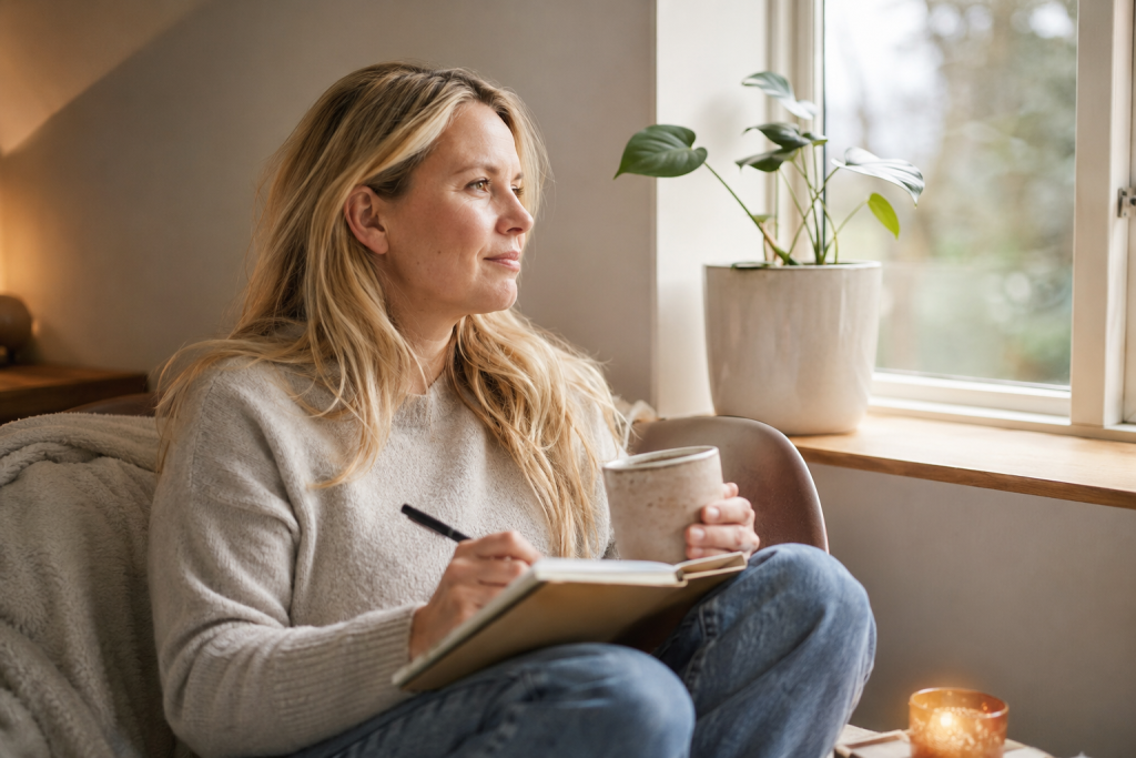 Blonde Frau sitzt mit Notizbuch und Tasse entspannt am Fenster.