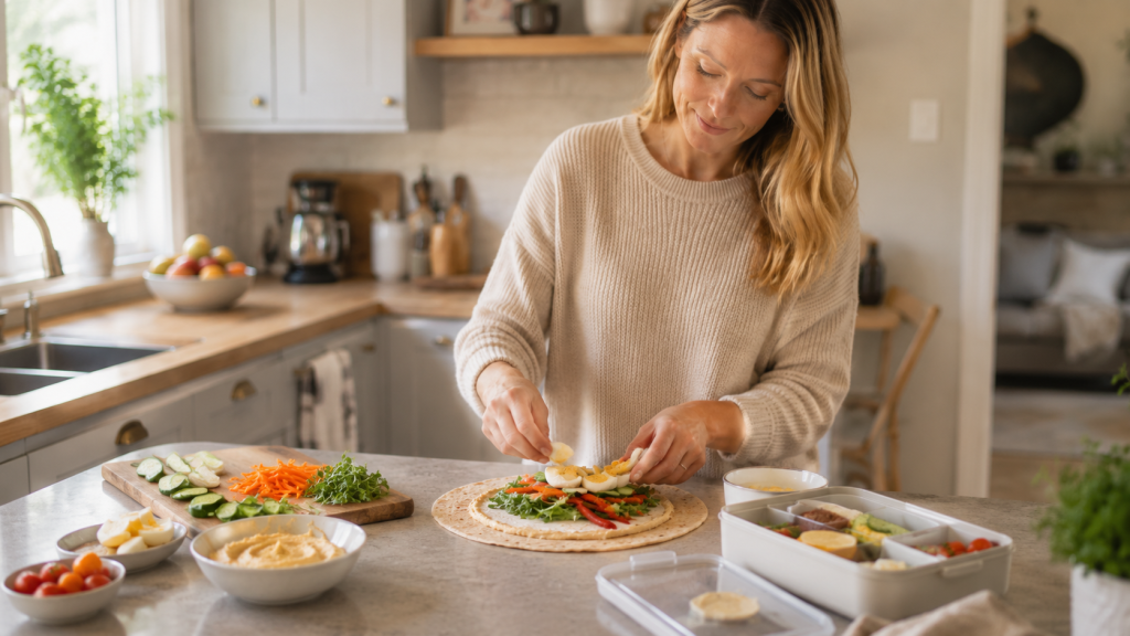 Blonde Frau bereitet einen Vollkorn-Wrap mit Gemüse und Ei für eine einfache ADHS-Mahlzeit vor.