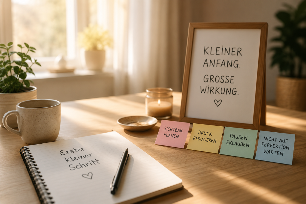 Notizbuch und Merkhilfen mit kleinen Schritten für einen leichteren Start bei ADHS