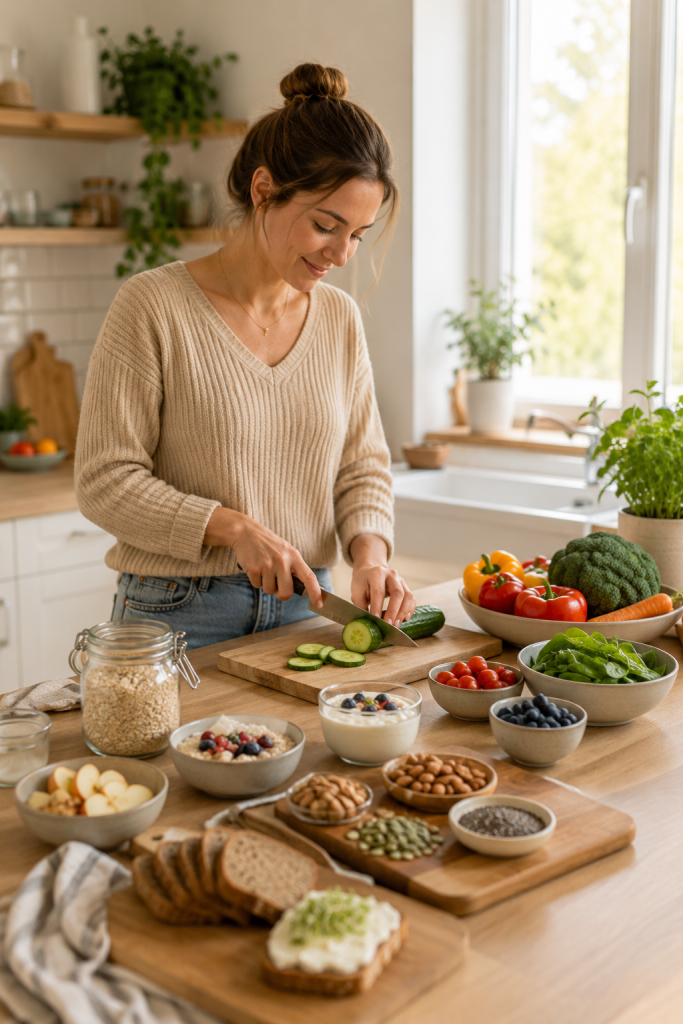 Frau bereitet in einer hellen Küche eine einfache, ausgewogene Mahlzeit mit Gemüse, Joghurt, Haferflocken, Beeren, Nüssen, Samen und Vollkornbrot zu.