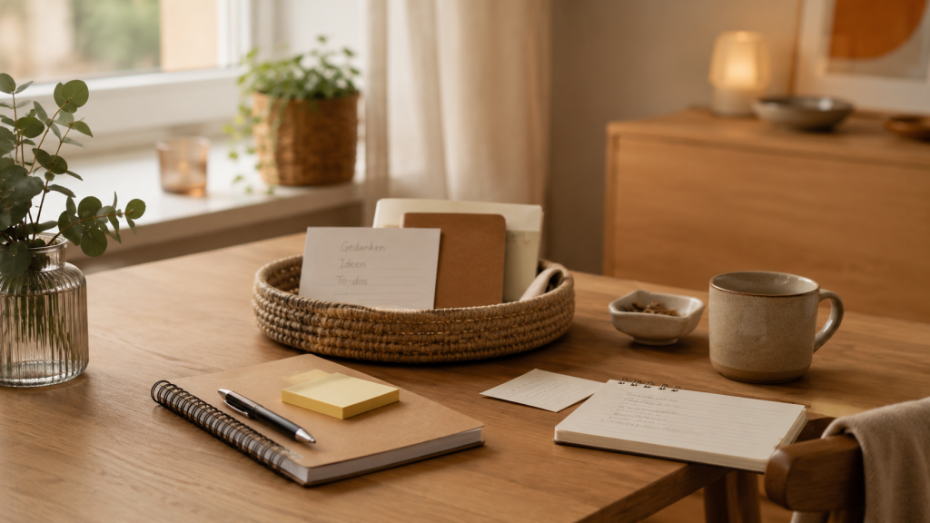 Notizbücher, Zettel und ein Korb als feste Ablage für Gedanken, Ideen und Aufgaben