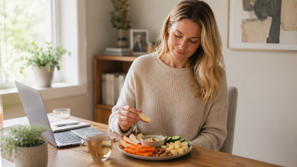 Blonde Frau isst an ihrem Arbeitsplatz einen ausgewogenen Snackteller mit Gemüse, Obst, Käse, Nüssen und Hummus.