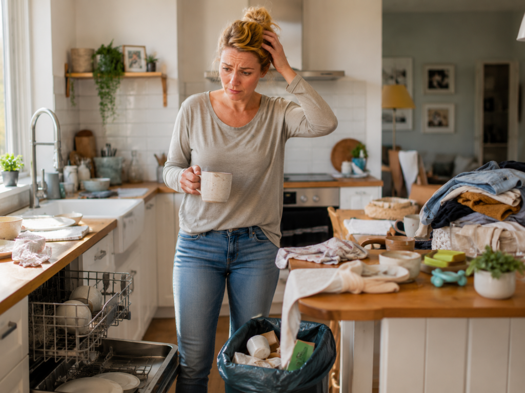 Überforderte Frau steht mit einer Tasse zwischen offenem Geschirrspüler, Wäsche und unaufgeräumter Küche.