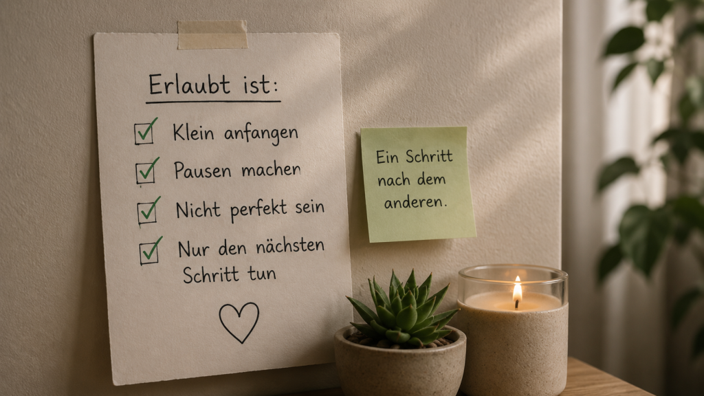 ADHS-Checkliste mit den Punkten „klein anfangen“, „Pausen machen“, „nicht perfekt sein“ und „nur den nächsten Schritt tun“