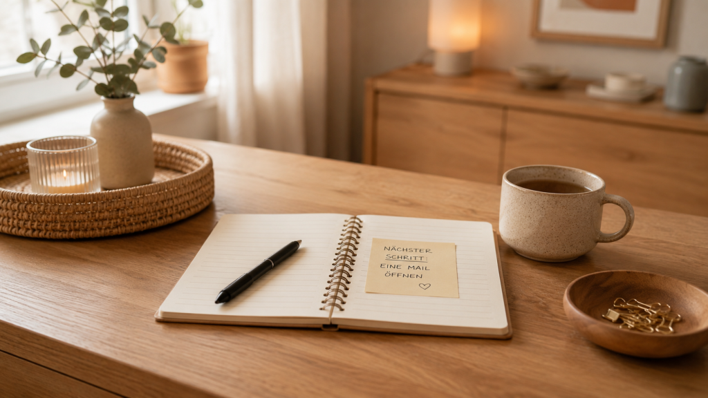 Offenes Notizbuch mit Hinweis auf den nächsten kleinen Schritt, Tasse und Stift auf einem ruhigen Tisch
