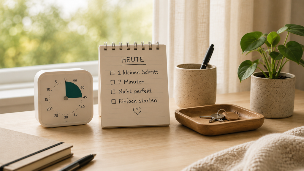 Timer, Tagesplan und Schlüssel als kleine Alltagshilfen, um bei ADHS leichter mit einer Aufgabe zu beginnen