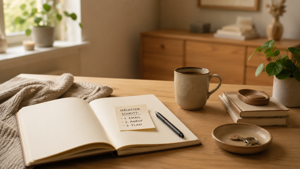 Offenes Notizbuch mit Zettel für den nächsten Schritt, Stift, Tasse und Schlüssel auf einem ruhigen Tisch