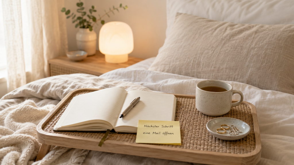 Notizbuch mit Hinweis auf den nächsten Schritt, Tasse und Stift auf einem Tablett im Schlafzimmer