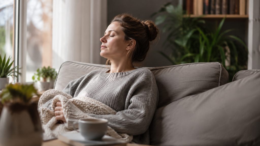 Frau macht auf dem Sofa eine ruhige Pause und erholt sich von mentaler Überforderung im ADHS-Alltag