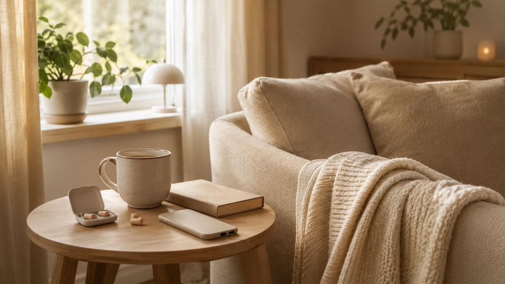 Ruhige Sofaecke mit Tasse, Buch, Smartphone und geräuschreduzierenden Ohrstöpseln