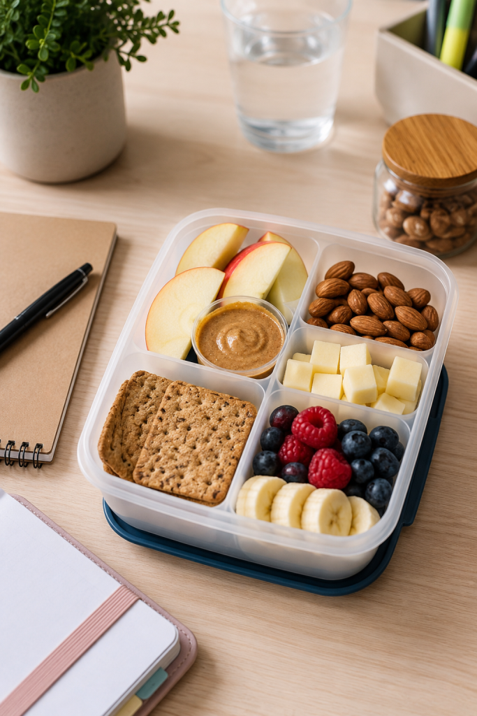 ADHS-freundliche Snackbox mit Apfelspalten, Nussmus, Mandeln, Käsewürfeln, Vollkorncrackern, Beeren und Banane auf einem Schreibtisch.