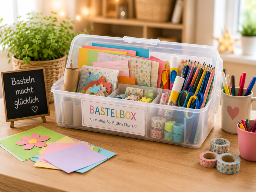 Organisierte Bastelbox für Kinder mit Papier, Stiften, Scheren, Kleber und Washi Tape