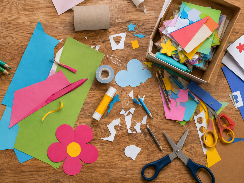 Bunter Basteltisch mit Papierresten, Scheren, Kleber und ausgeschnittenen Formen