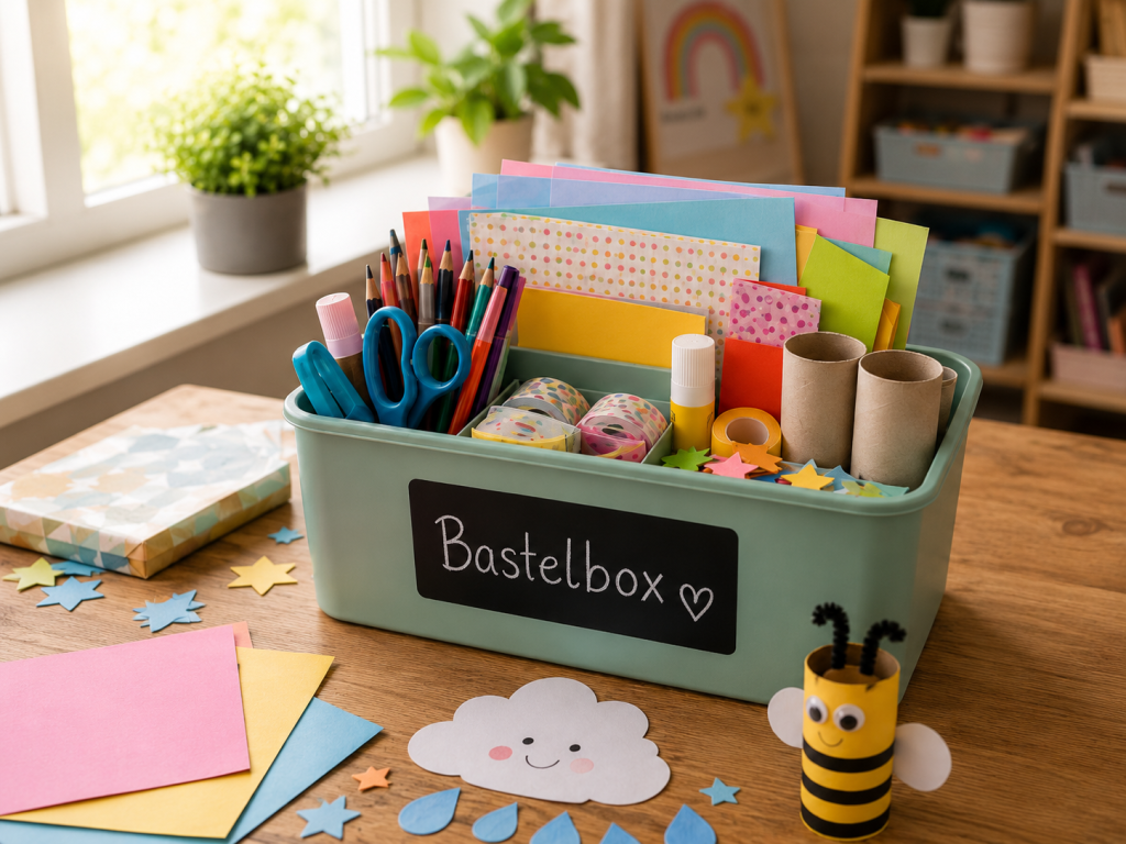 Geordnete Bastelkiste für Kinder mit Papier, Stiften, Scheren und Klopapierrollen