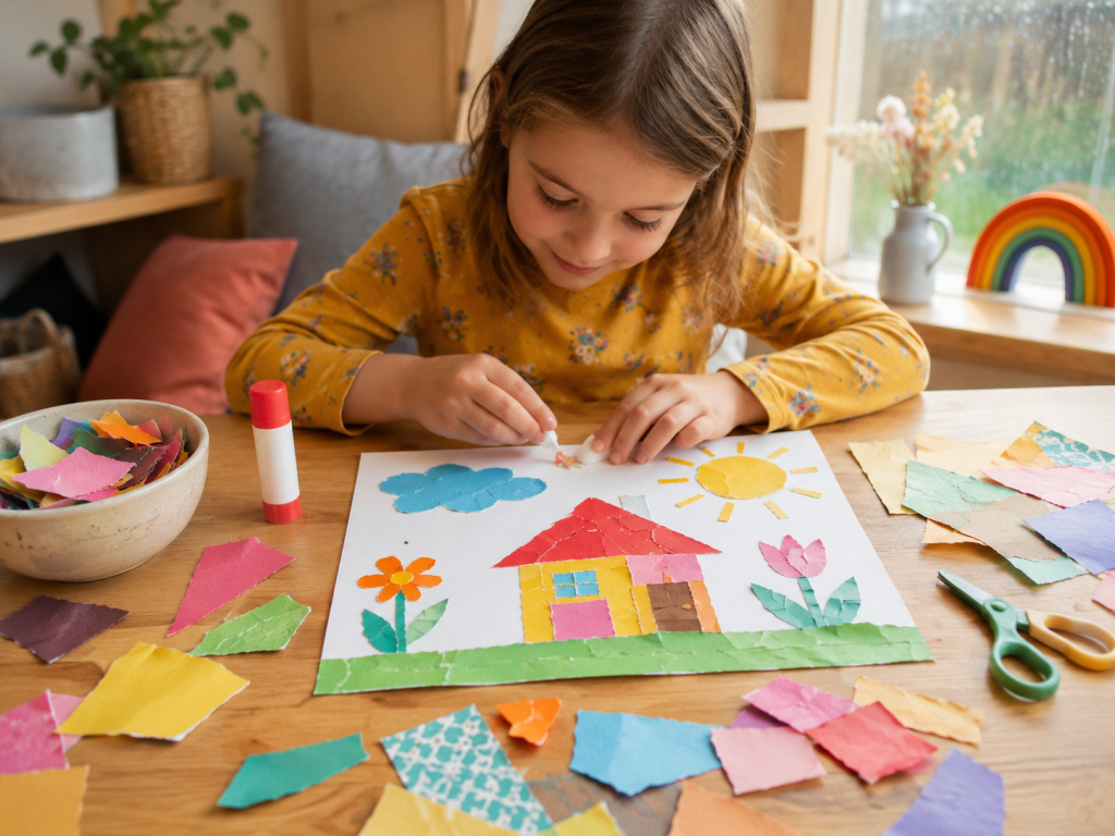 Kind klebt aus bunten Papierresten eine Collage mit Haus, Sonne und Blumen