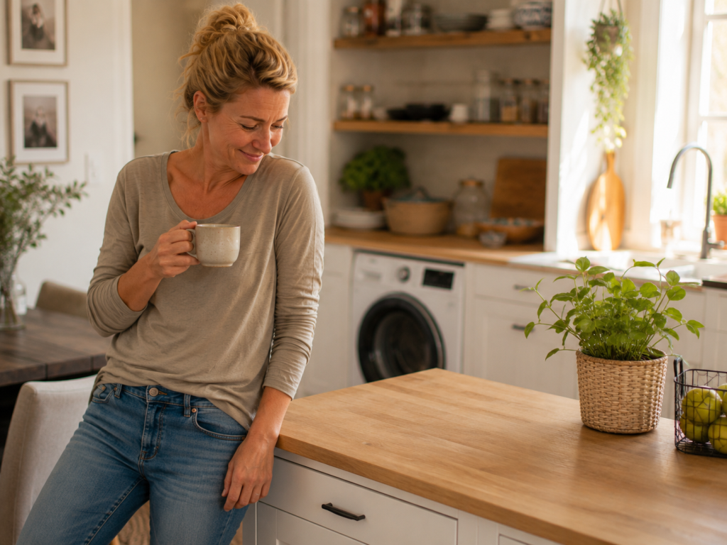 Frau mit Kaffeetasse macht eine entspannte Pause in einer aufgeräumten Küche – Haushalt mit ADHS ohne Perfektionsdruck.