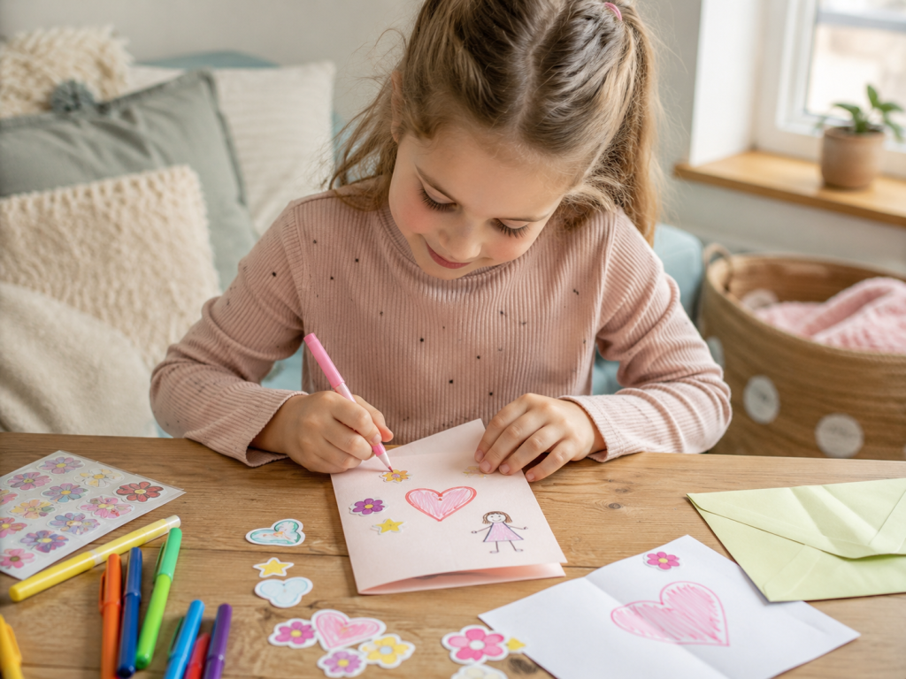 Kind gestaltet eine rosa Karte mit Herz, Blumen, Stickern und Zeichnungen