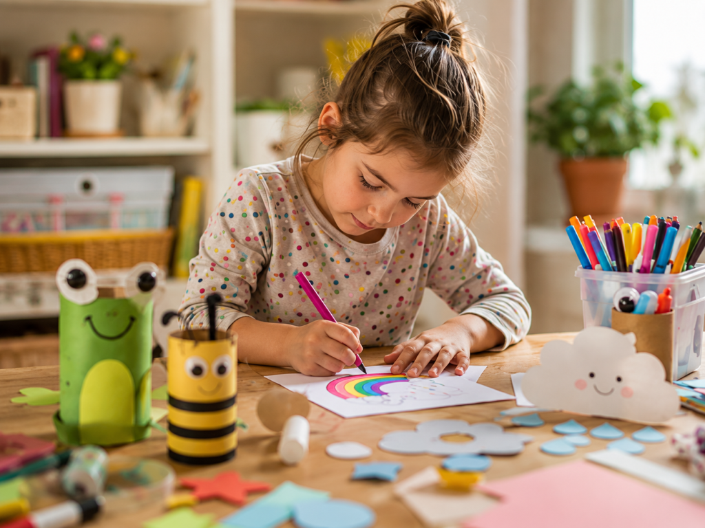 Kind malt einen Regenbogen am Basteltisch mit Papierfiguren und Bastelmaterial