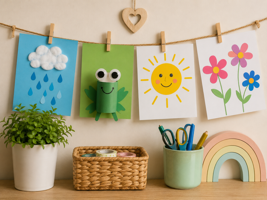 Kinderkunst mit Regenwolke, Frosch, Sonne und Blumen an einer Schnur aufgehängt