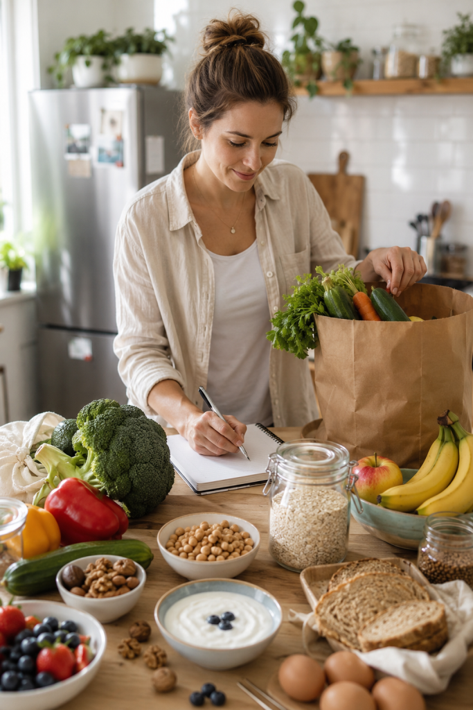 Frau plant in einer hellen Küche einfache Mahlzeiten und notiert eine Einkaufsliste. Auf dem Tisch stehen Gemüse, Obst, Haferflocken, Hülsenfrüchte, Joghurt, Eier, Nüsse und Vollkornbrot.