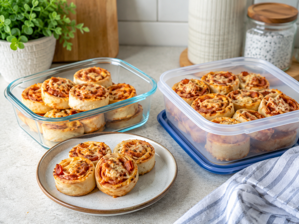 Gebackene Mini-Pizza-Schnecken werden in Glas- und Kunststoffbehältern für später aufbewahrt.
