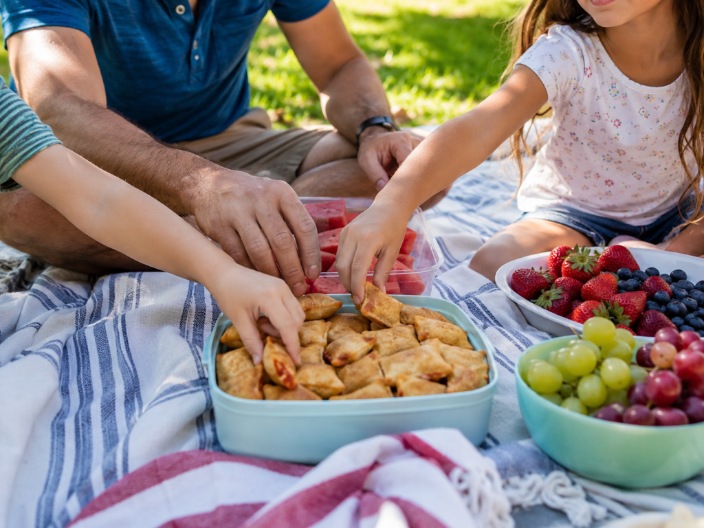 Familie greift bei einem Picknick nach Mini-Pizza-Schnecken, daneben stehen Wassermelone, Erdbeeren, Heidelbeeren und Trauben.
