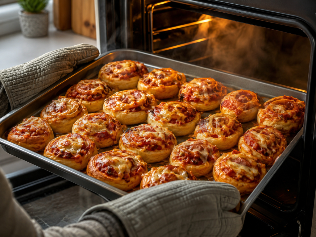 Goldbraun gebackene Mini-Pizza-Schnecken mit geschmolzenem Käse werden frisch aus dem Backofen genommen.