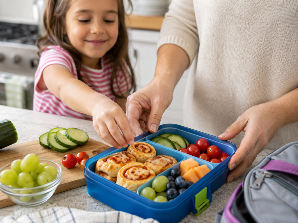Mädchen packt gemeinsam mit einer Erwachsenen Mini-Pizza-Schnecken, Gurken, Tomaten und Obst in eine Brotdose.