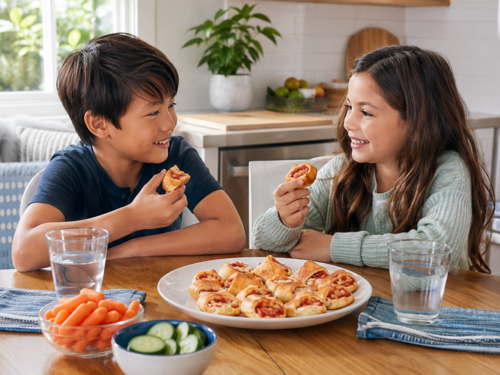 Zwei Kinder essen Mini-Pizza-Schnecken mit Gurken und Karotten als einfachen Snack am Küchentisch.