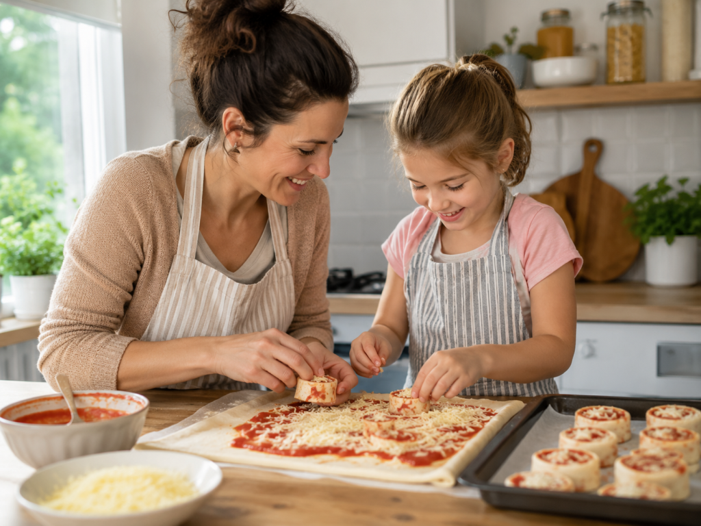 Mutter und Tochter bereiten gemeinsam Mini-Pizza-Schnecken mit Tomatensauce und Käse in der Küche zu.