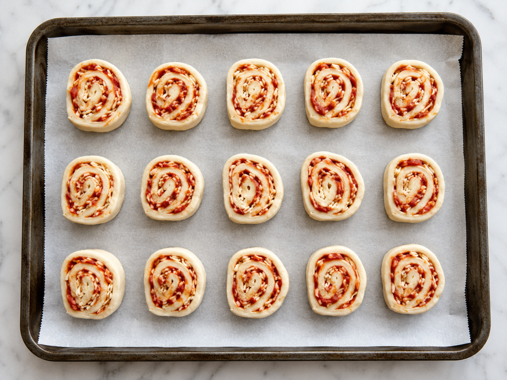 Ungebackene Mini-Pizza-Schnecken mit Tomatensauce und Käse liegen auf Backpapier bereit für den Backofen.