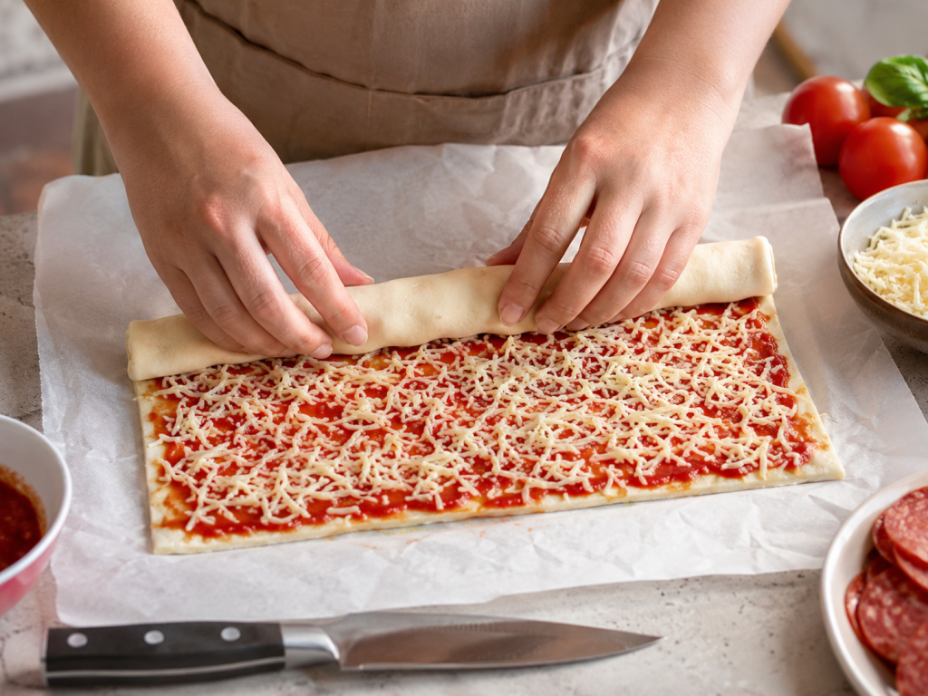 Hände rollen mit Tomatensauce und Käse belegten Blätterteig für Mini-Pizza-Schnecken auf.