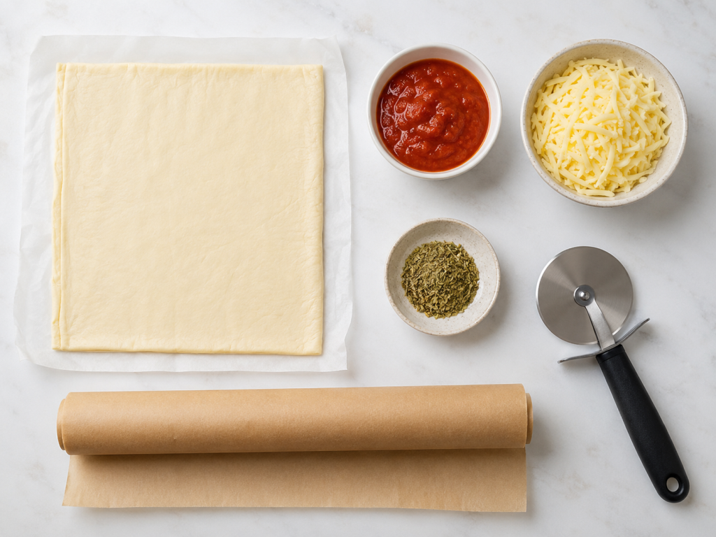 Zutaten für Mini-Pizza-Schnecken: Blätterteig, Tomatensauce, geriebener Käse und getrocknete Kräuter.