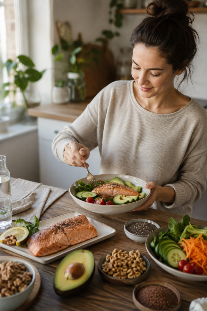 Frau bereitet in einer hellen Küche eine Bowl mit Lachs, Avocado, Gurke, Tomaten und Salat zu. Auf dem Tisch liegen außerdem Walnüsse, Chiasamen und Leinsamen als Quellen für Omega-3-Fettsäuren und gesunde Fette.