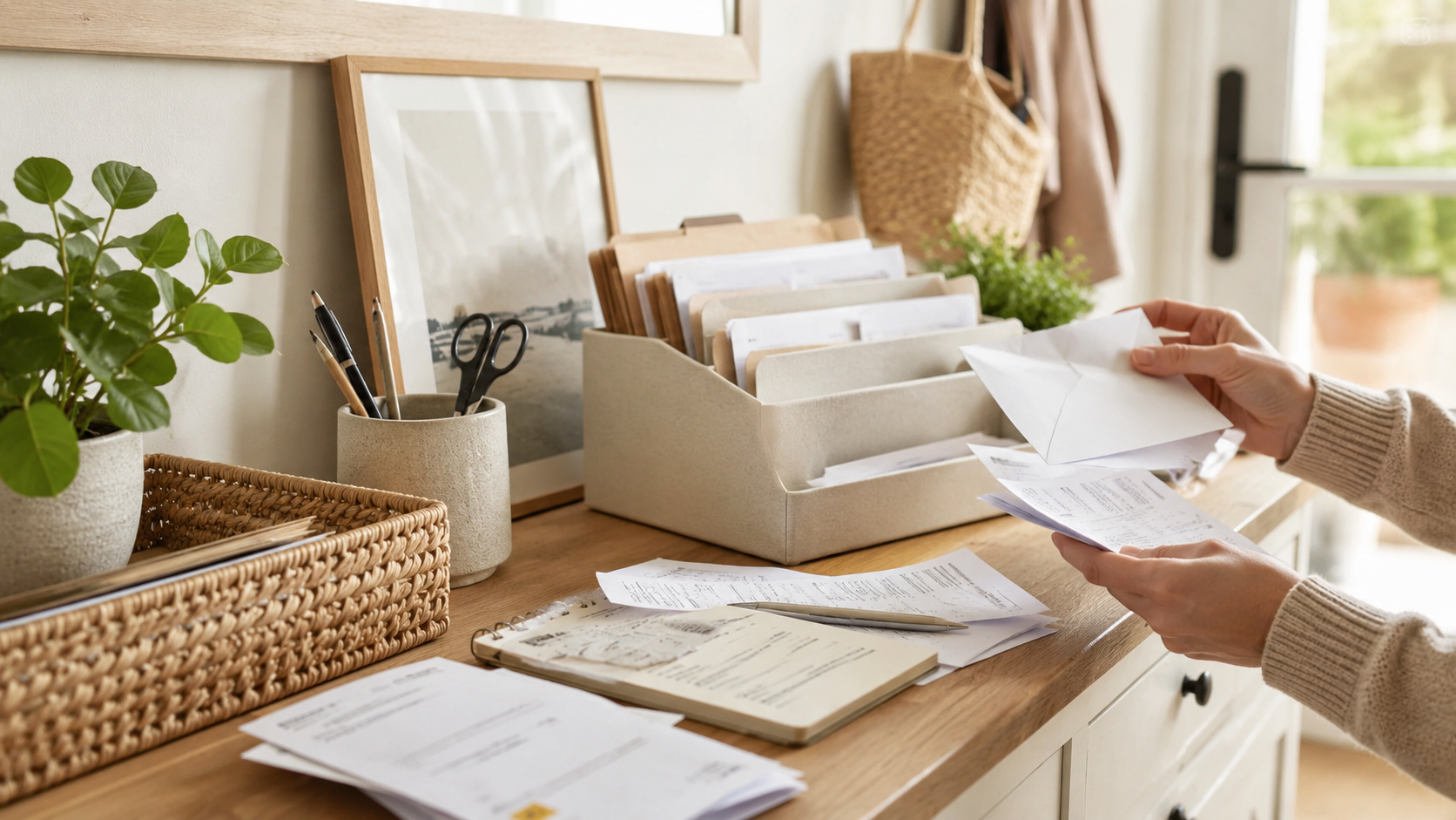 Hände sortieren Briefe, Rechnungen und Unterlagen in beschriftete Ablageboxen auf einer Kommode, um Papierkram und Chaos im Alltag zu reduzieren.