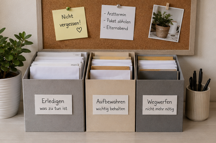 Drei beschriftete Ablageboxen für Papierkram mit den Kategorien „Erledigen“, „Aufbewahren“ und „Wegwerfen“ sowie Briefen und Unterlagen.